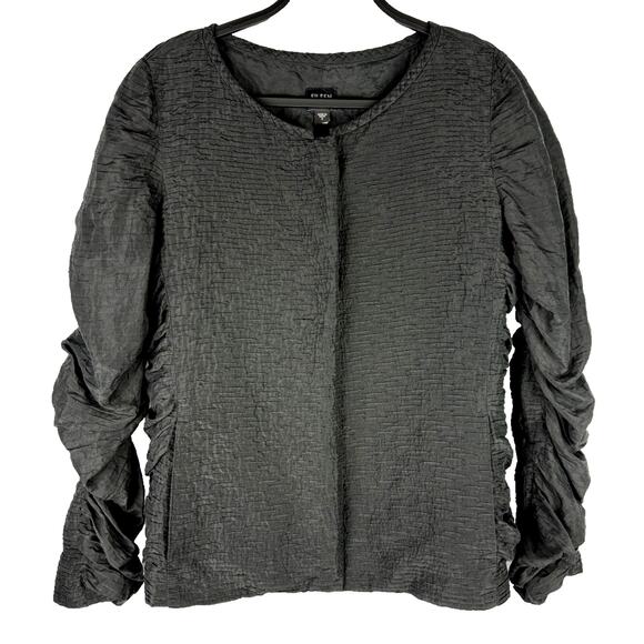 Eileen Fisher 100% Silk Jacket Sz Small Black Open Ruched Lightweight Capsule - Picture 1 of 6
